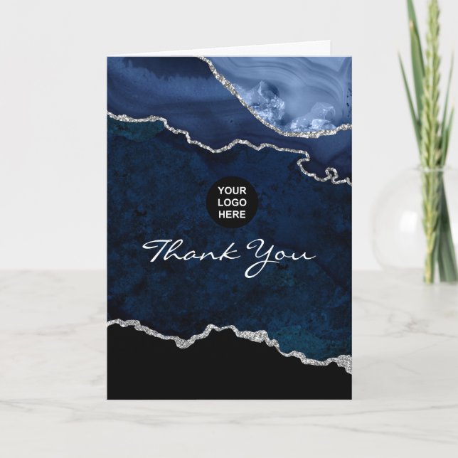 Navy and Silver Agate Precious Stone Letterpress Thank You Card (Front)