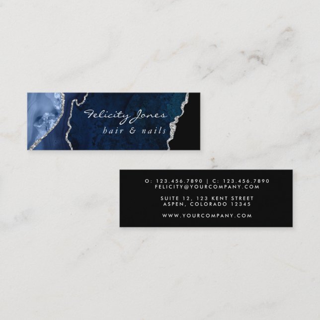 Navy and Silver Agate Precious stone Mini Business Card (Front/Back)