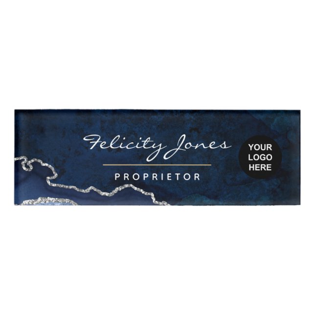 Navy and Silver Agate Precious Stone Name Tag (Front)