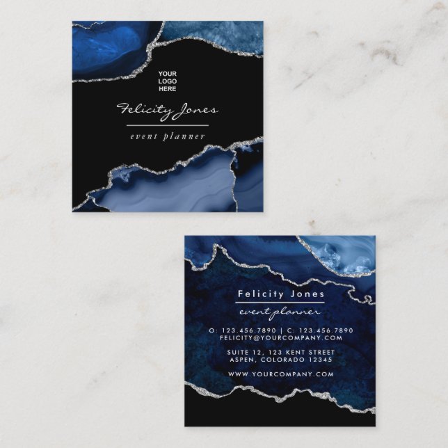 Navy and Silver Agate Precious stone Square Business Card (Front/Back)