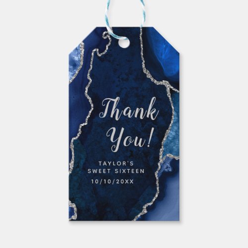 Navy and Silver Agate Sweet Sixteen Thank You Gift Tags