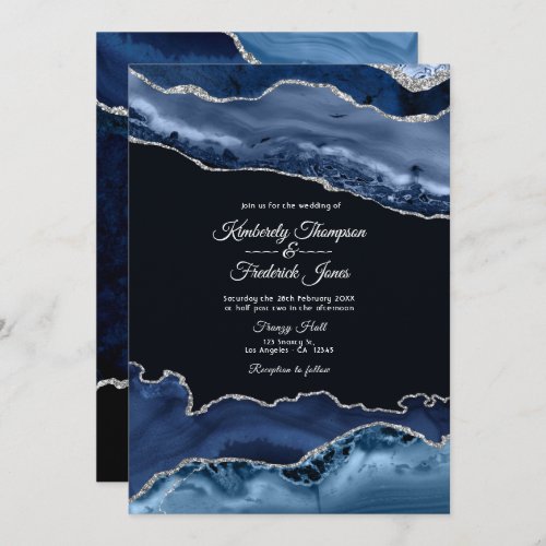 Navy and Silver Agate Wedding Invitation
