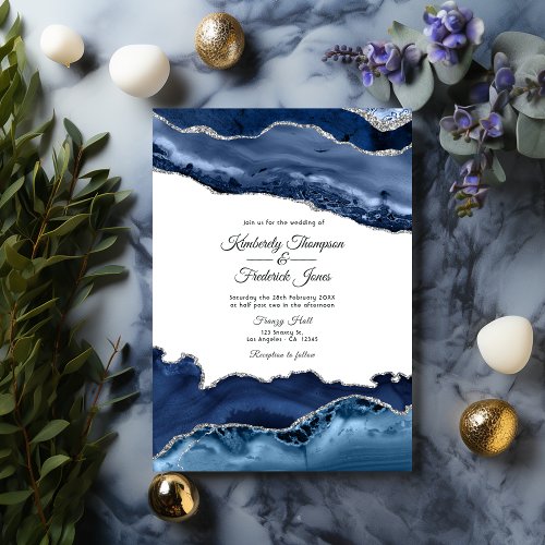 Navy and Silver Agate Wedding Invitation