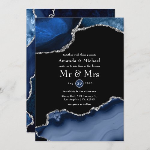 Navy and Silver Agate Wedding Invitation