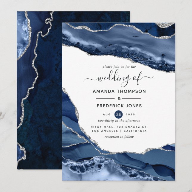 Navy and Silver Agate Wedding Invitation (Front/Back)