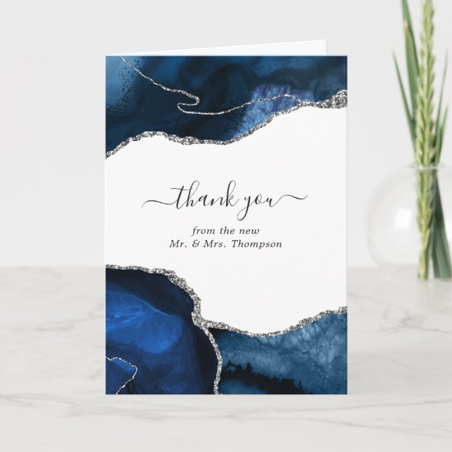 Navy and Silver Agate Wedding Photo Thank You Card (Front)