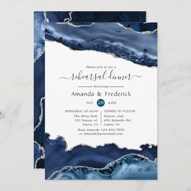 Navy and Silver Agate Wedding Rehearsal Dinner Invitation (Front/Back)
