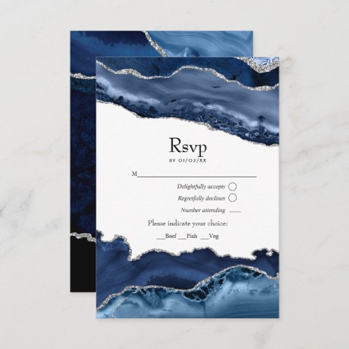Navy and Silver Agate Wedding RSVP Card