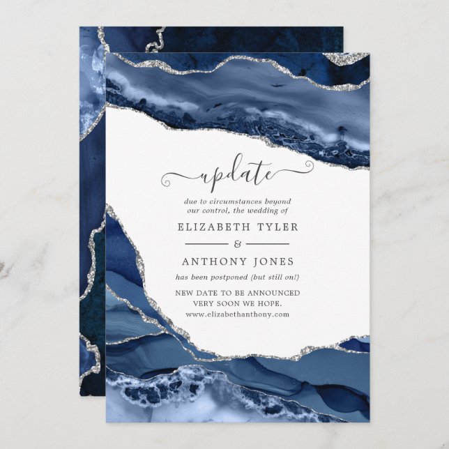 Navy and Silver Agate Wedding Update Invitation (Front/Back)