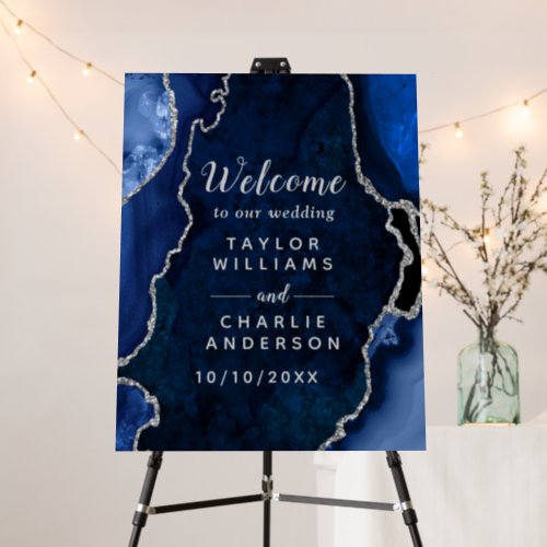 Navy and Silver Agate Wedding Welcome Foam Board