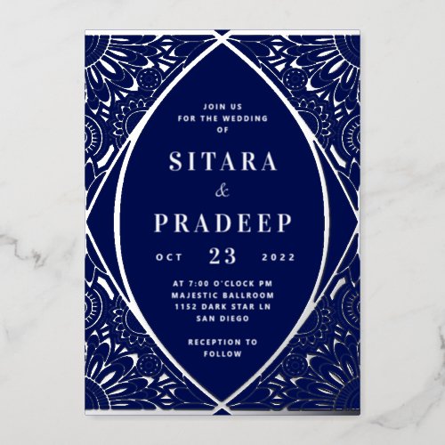 Navy and Silver Arabesque Foil Invitation