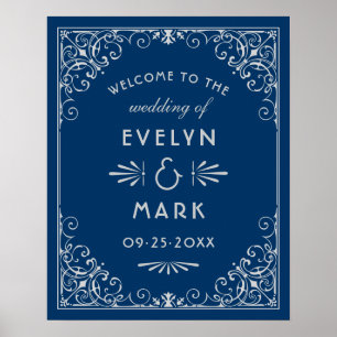 Navy and Silver Art Deco Wedding Welcome Poster