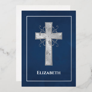 Navy and Silver Baptism or Christening Filigree  Foil Invitation