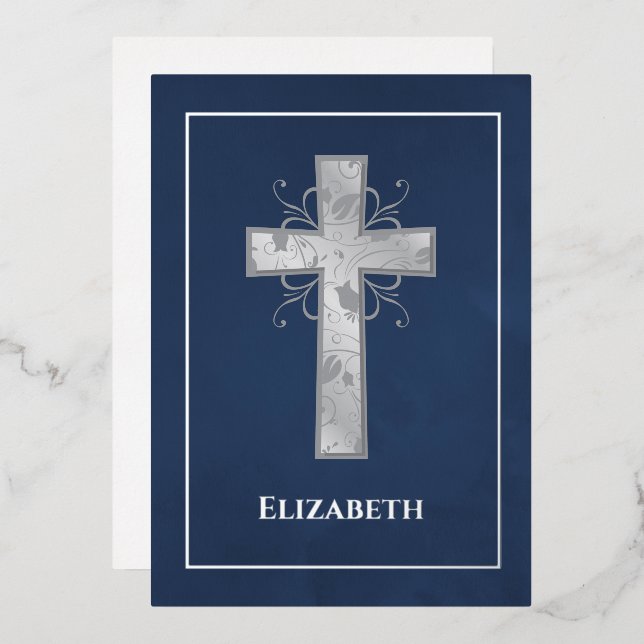 Navy and Silver Baptism or Christening Filigree  Foil Invitation (Front/Back)