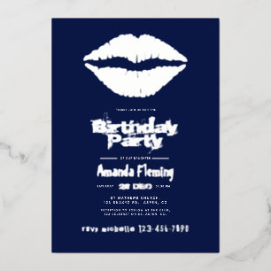 Navy and Silver Birthday Kiss Lips Foil Invitation
