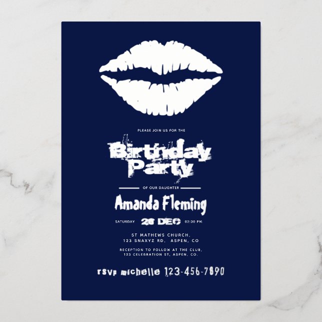 Navy and Silver Birthday Kiss Lips Foil Invitation (Front)