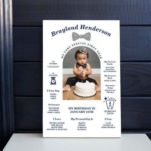 Navy and Silver Bowtie First Birthday Milestone Foam Board