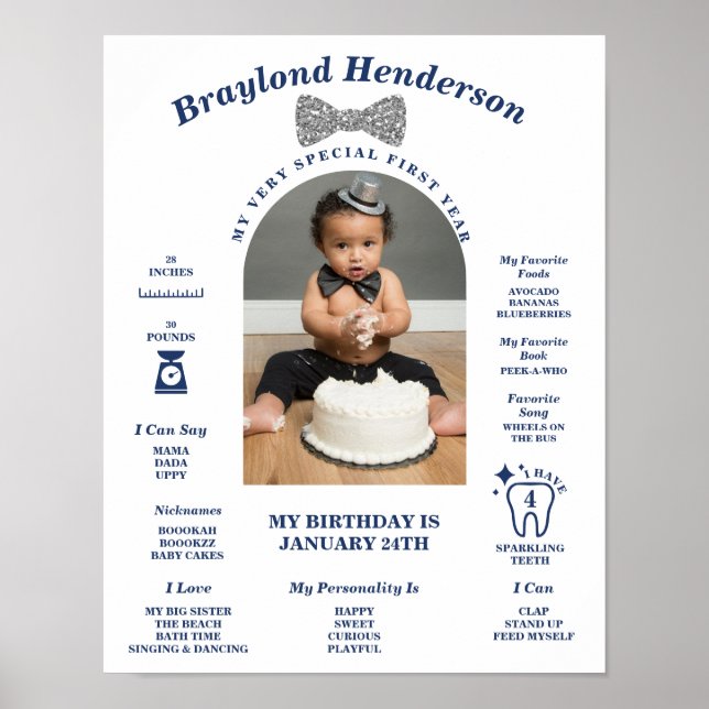 Navy and Silver Bowtie First Birthday Milestone Poster (Front)