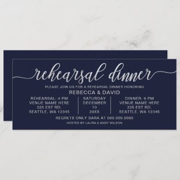 Navy and Silver Calligraphy Rehearsal Dinner Invitation