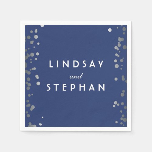 Navy and Silver Confetti Dots Wedding Napkins - Silver confetti dots elegant navy blue wedding napkins