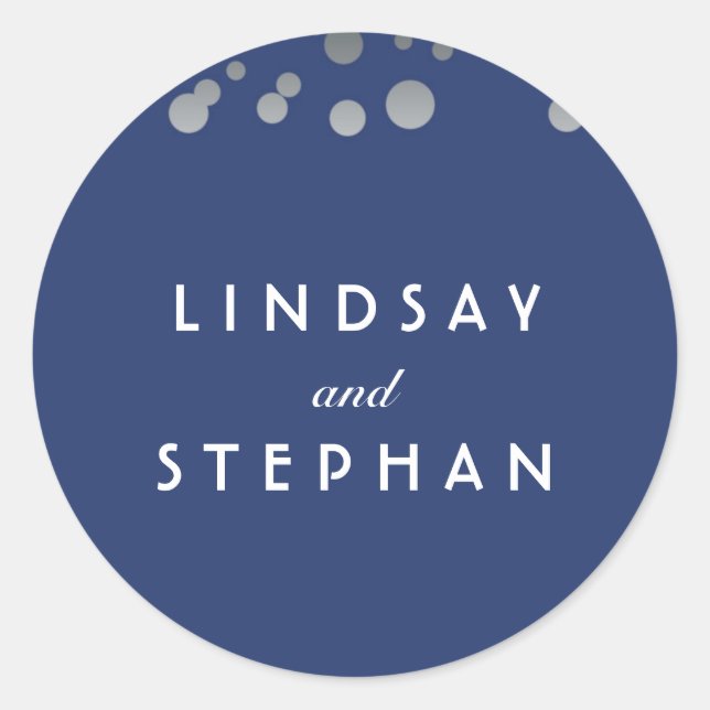 Navy and Silver Confetti Wedding Classic Round Sticker (Front)