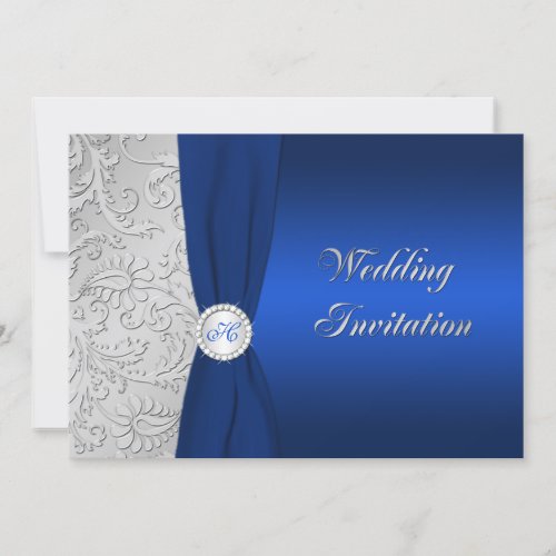 Navy and Silver Damask Monogram Wedding Invitation