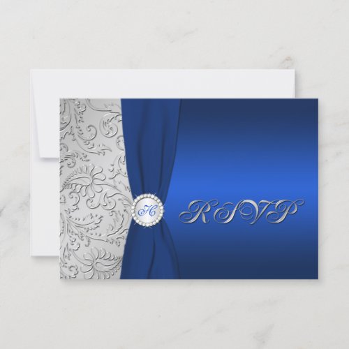 Navy and Silver Damask Monogrammed RSVP Card