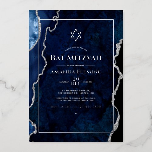 Navy and Silver Faux Agate Bat Mitzvah Photo Foil Invitation