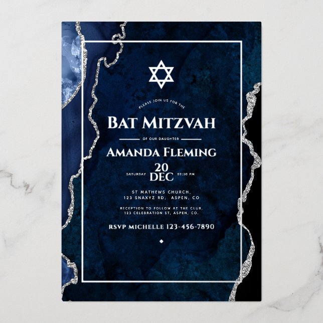 Navy and Silver Faux Agate Bat Mitzvah Photo Foil Invitation (Front)