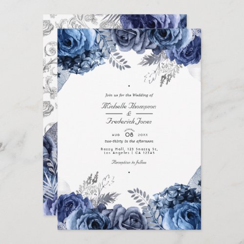 Navy and Silver Faux Foil Floral QR Code Wedding Invitation