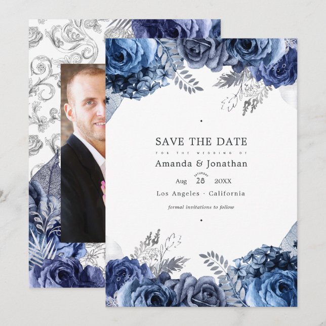 Navy and Silver Faux Foil Floral Wedding Photo Save The Date (Front/Back)