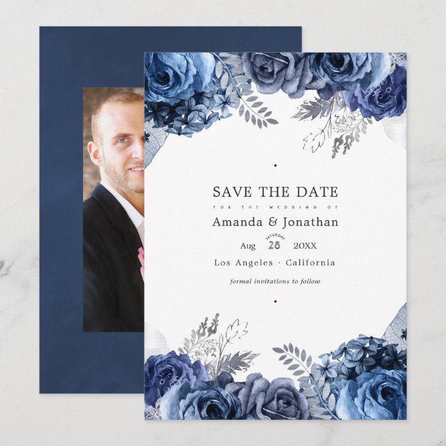 Navy and Silver Faux Foil Floral Wedding Photo Save The Date (Front/Back)