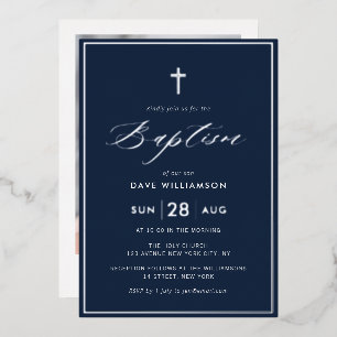 navy and silver first communion foil invitation