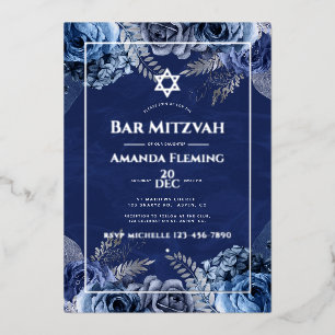 Navy and Silver Floral Bat Mitzvah Foil Invitation