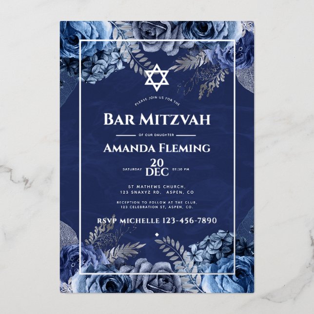 Navy and Silver Floral Bat Mitzvah Foil Invitation (Front)