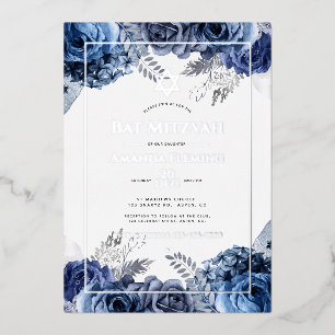 Navy and Silver Floral Bat Mitzvah Foil Invitation
