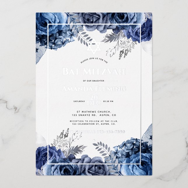 Navy and Silver Floral Bat Mitzvah Foil Invitation (Front)