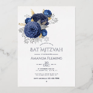 Navy and Silver Floral Bat Mitzvah Photo Foil Invi Foil Invitation