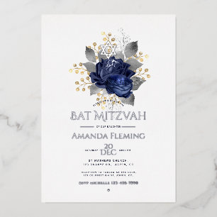 Navy and Silver Floral Bat Mitzvah Photo Foil Invitation