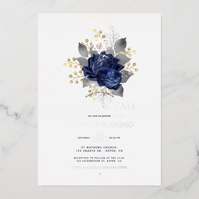 Navy and Silver Floral Bat Mitzvah Photo Foil Invitation (Front)