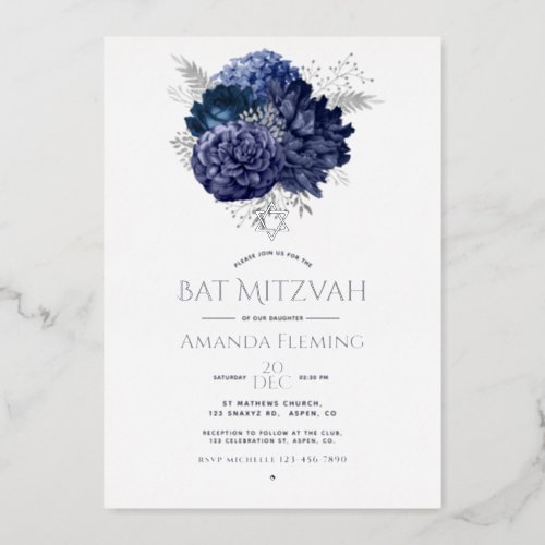 Navy and Silver Floral Bat Mitzvah Photo Foil Invitation