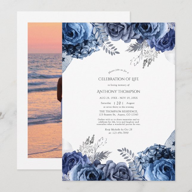 Navy and Silver Floral Celebration of Life Invitat Invitation (Front/Back)