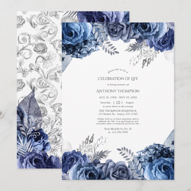 Navy and Silver Floral Celebration of Life Invitation (Front/Back)