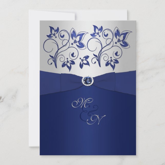 Navy and Silver Floral Monogram Invitation (Front)