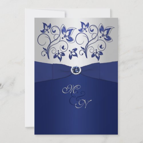 Navy and Silver Floral Monogram Invitation