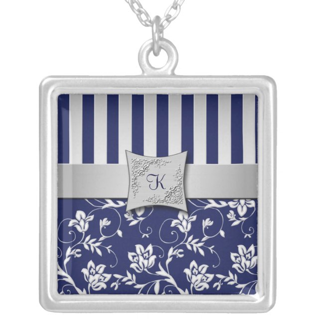 Navy and Silver Floral Monogrammed Necklace (Front)