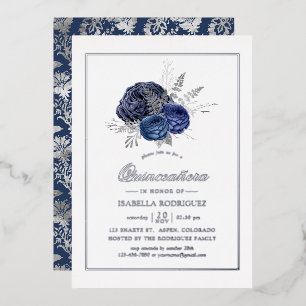 Navy and Silver Floral Quinceañera Foil Invitation