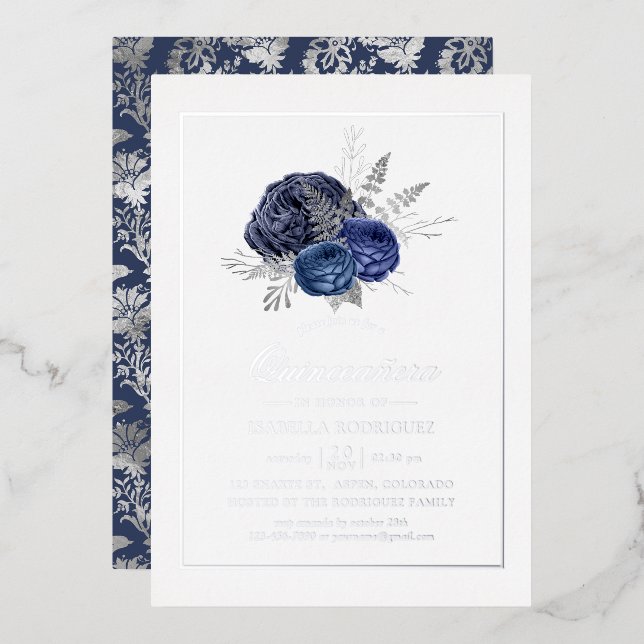 Navy and Silver Floral Quinceañera  Foil Invitation (Front/Back)