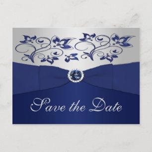 Navy and Silver Floral Save the Date Postcard