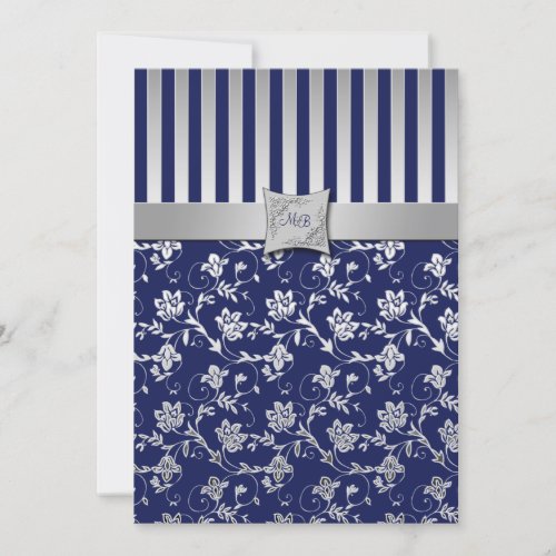 Navy and Silver Floral Vine Monogrammed Invitation